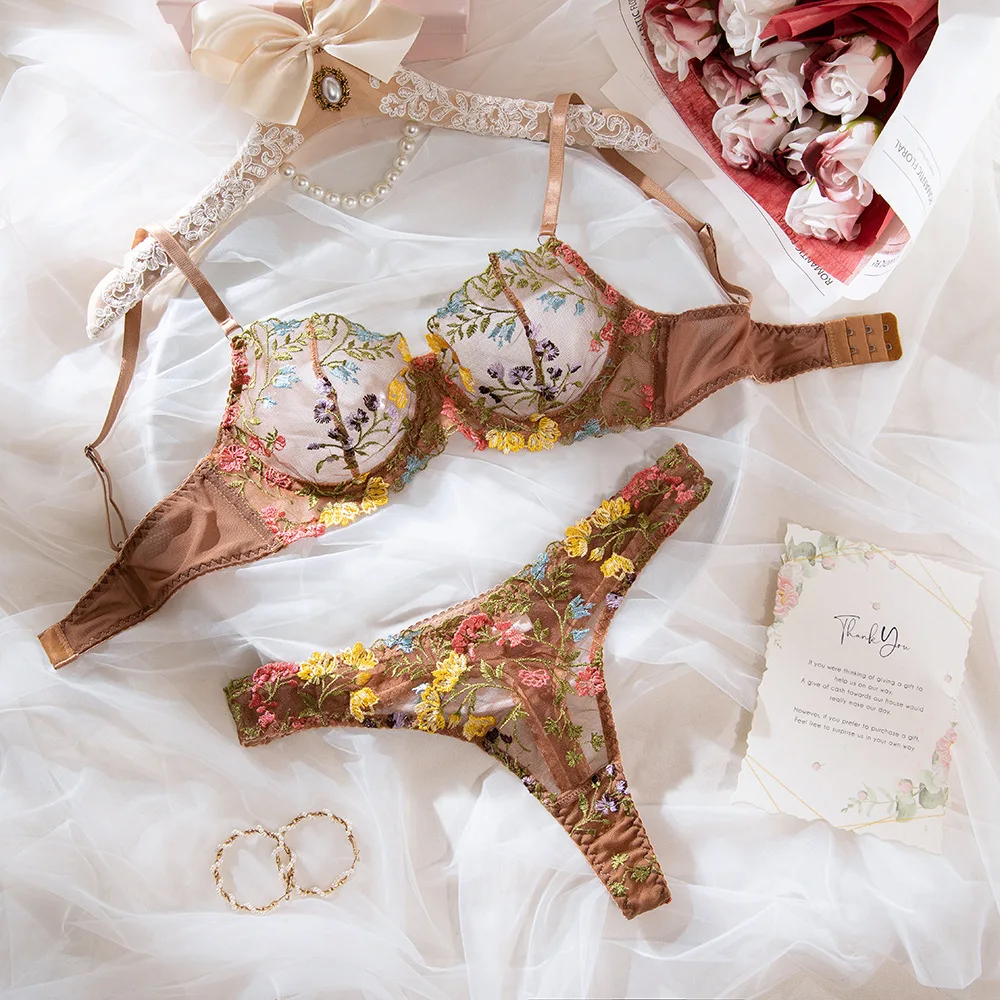 

Women Sexy Embroidery Flower Exotic Set Thin Lingerie Set Lace See Through Bra Set Ladeis Perspective Micro Bikini Underwear