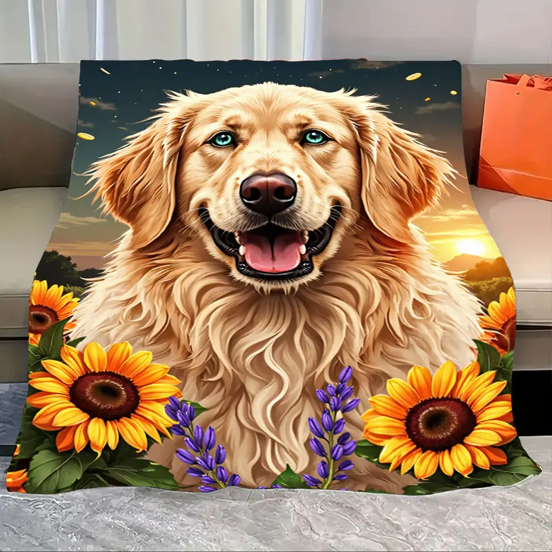 

1pc Flannel Blanket Golden Retriever Sunflower Blanket - Cozy Pet Lover Throw for Home Decor