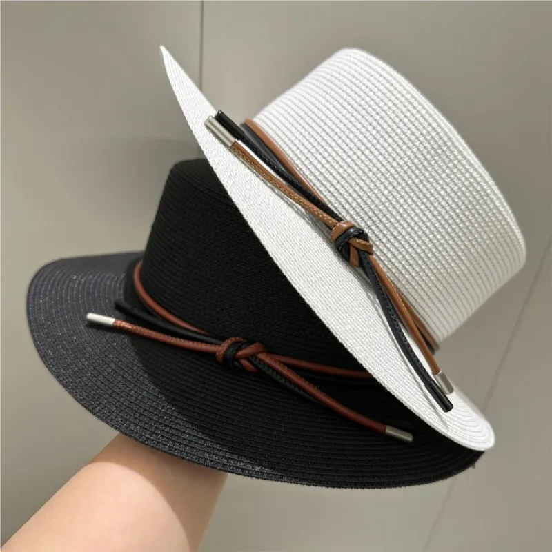 Flat-topped hat women's woven breathable laced top vacation and leisure large-brimmed
