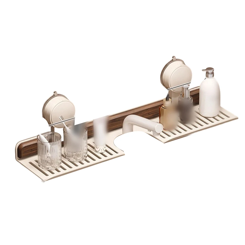 No-Drill Walnut Bathroom Shelf with Reliable Suction Cups Fits Over Standard Faucets Washstands and Toilet Tanks