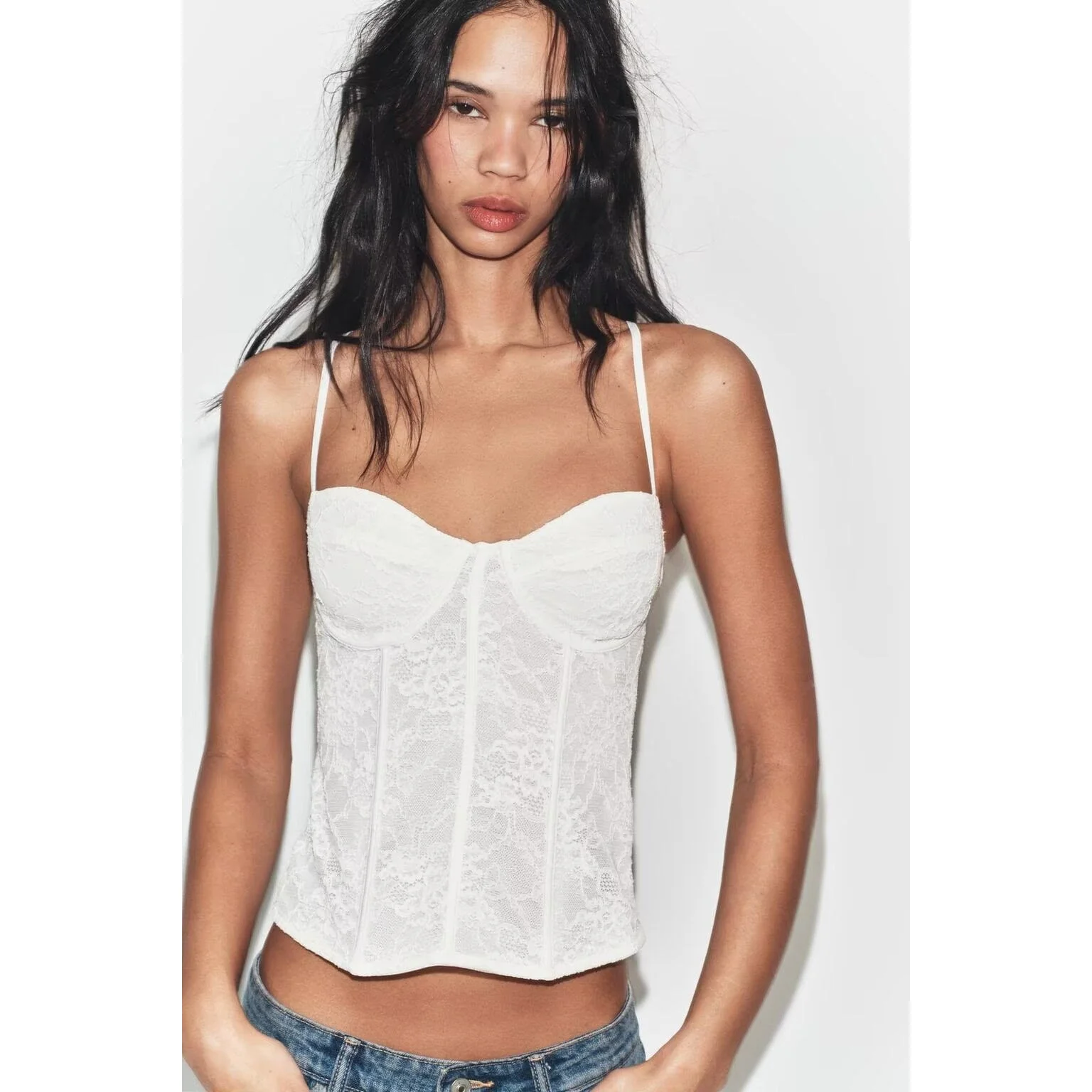 Fashionable Lace Bralette Top Women's Clothing ZR Style Spring Summer New Arrival Versatile Polyester Short Sleeve round Neck
