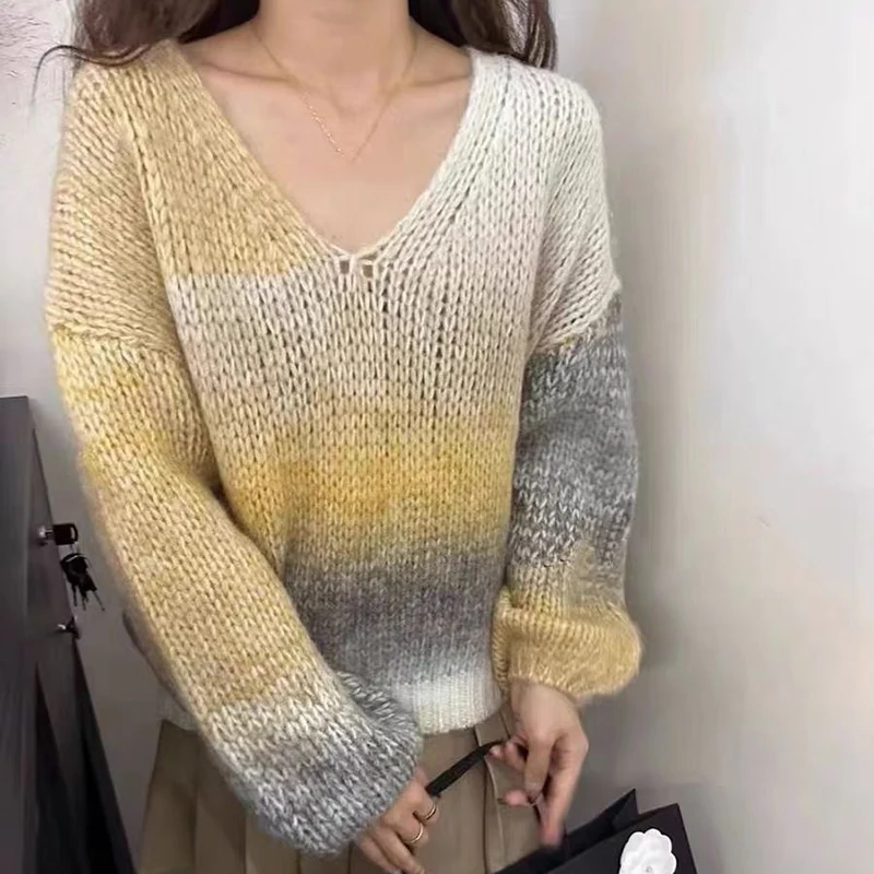 Rimocy V Neck Rainbow Sweater for Women Korean Fashion Long Sleeve Loose Knitwear Ladies 2024 Spring Sweet Knitted Jumpers Woman