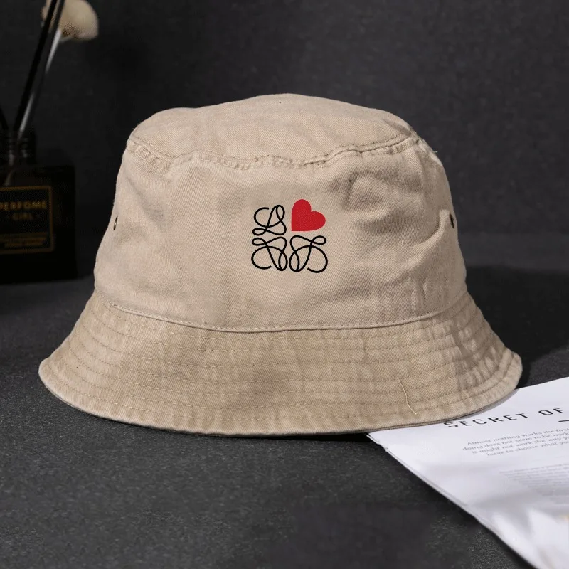 Bucket Hat for Men Washed Distressed with Heart Line Art Graphic Logo Unisex Cotton Fisherman Cap Streetwear Hip Hop Sun Hats