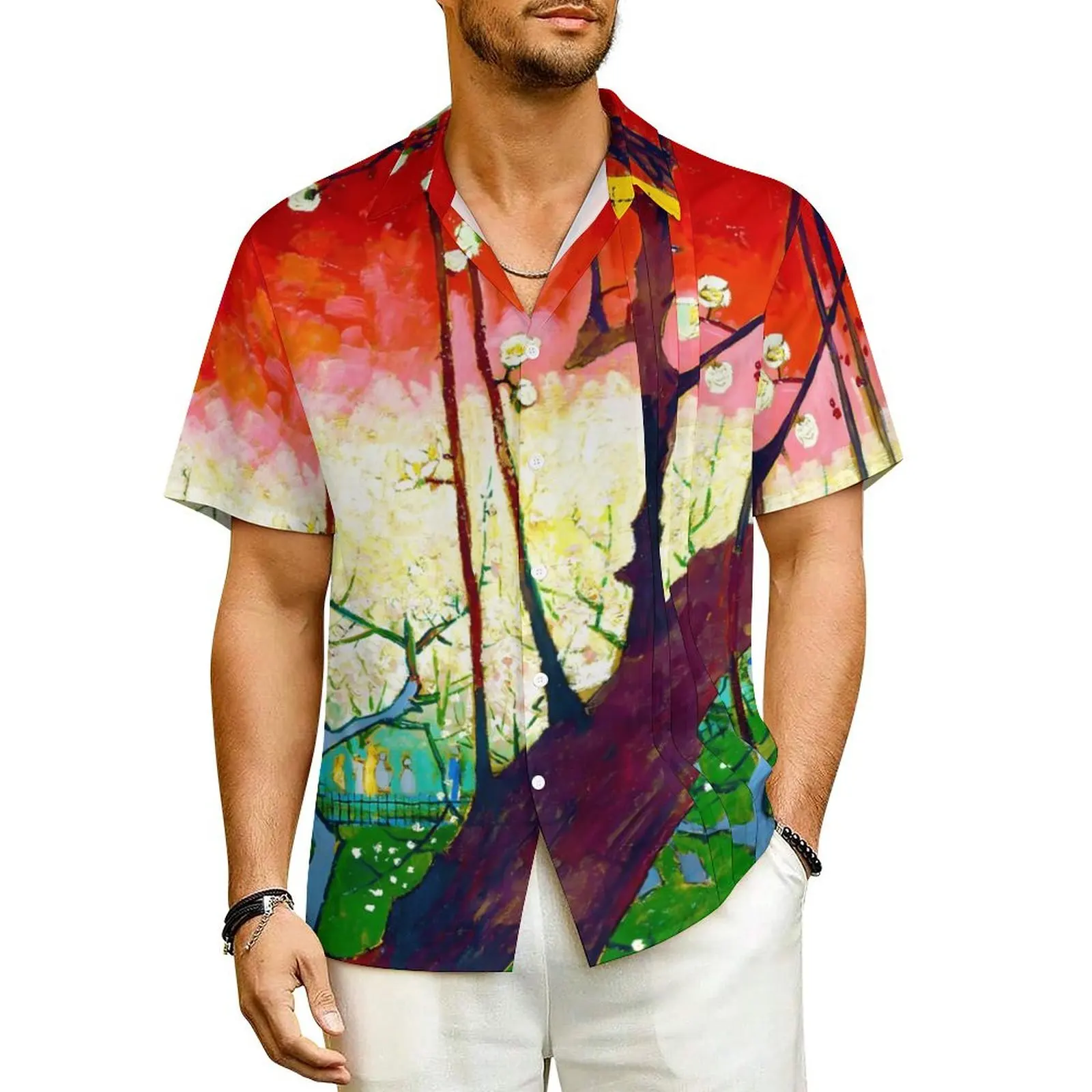 

Van Gogh Vacation Shirt Mens Flowering Plum Tree Elegant Casual Shirts Summer Short Sleeve Harajuku Design Oversized Blouses