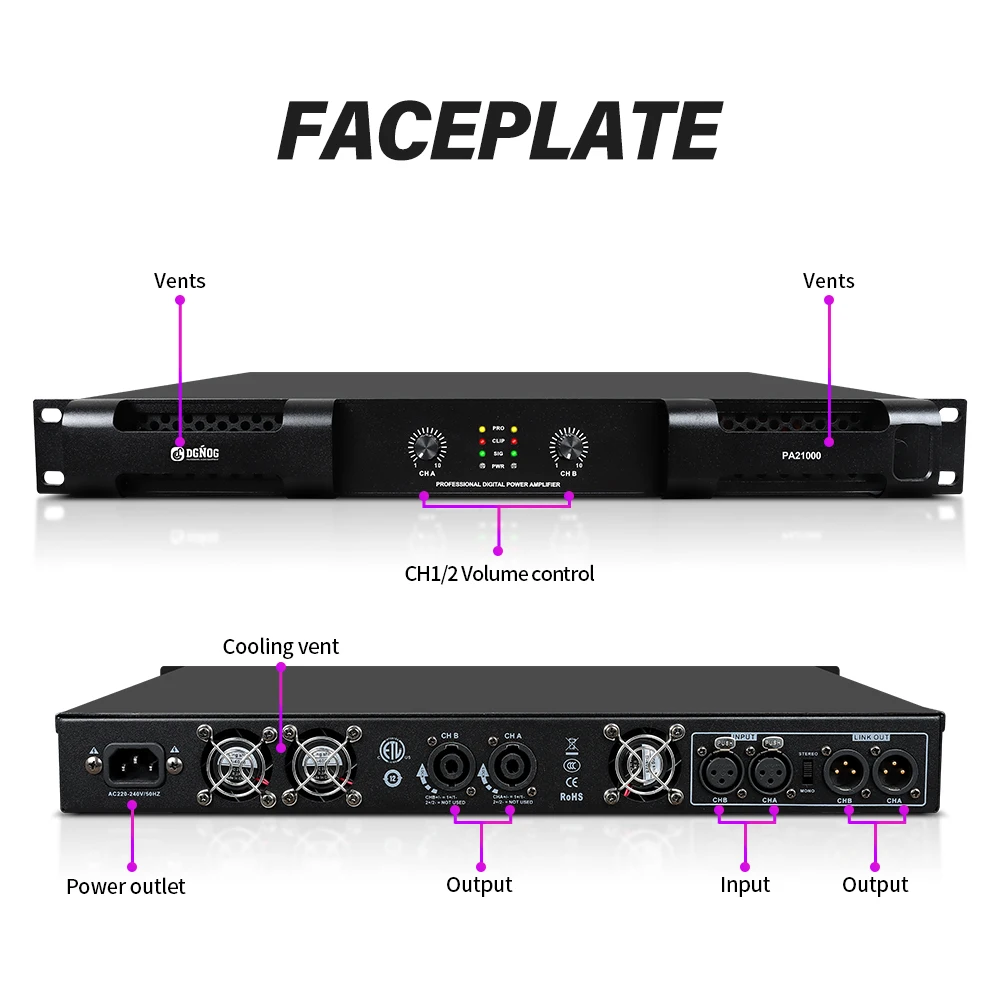 Stage Performance Power Amplifier Professional Digital Amplifier 4 Ohm 1600W*2 1U DJ Audio for Stage KTV Performances DGNOG