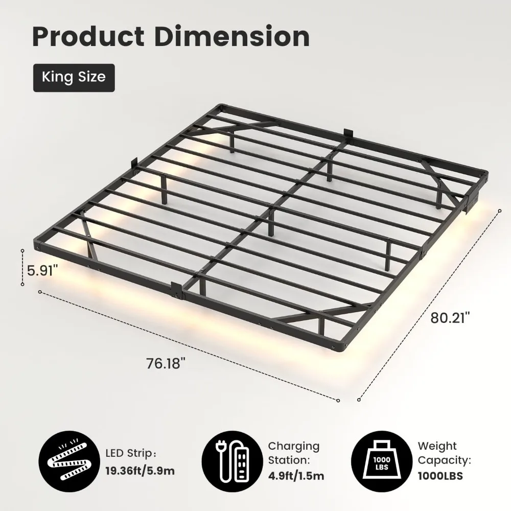 King Floating Bed Frame with Smart LED Lights, USB Charging Station Sturdy Metal Platform Bed, Mattress Slide Stopper,Noise Free
