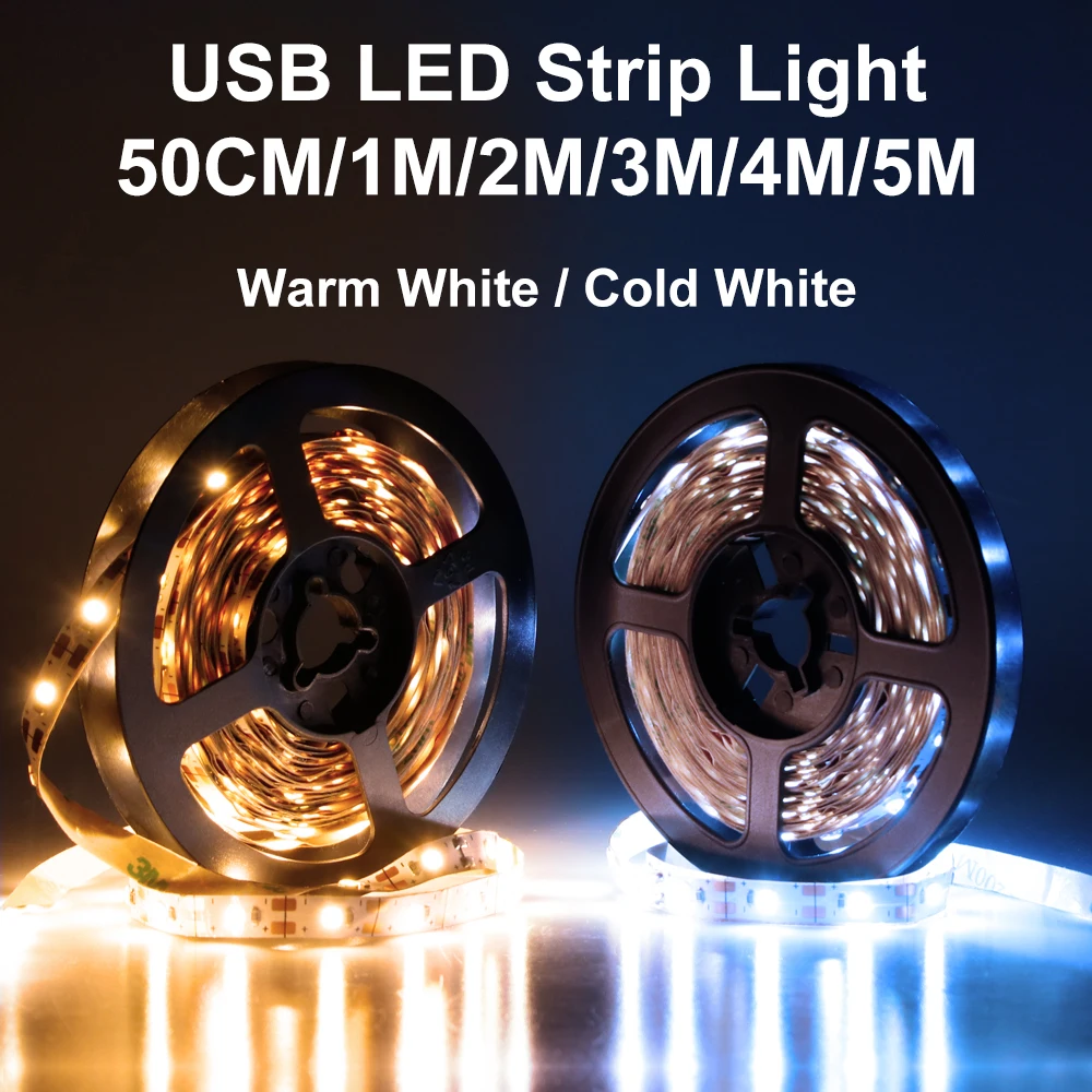 USB LED Strip Lights 5V Flexible Lamp Strip Cutable Decorative Background Lamp TV Backlight Night Lamp Cold Warm White Lighting