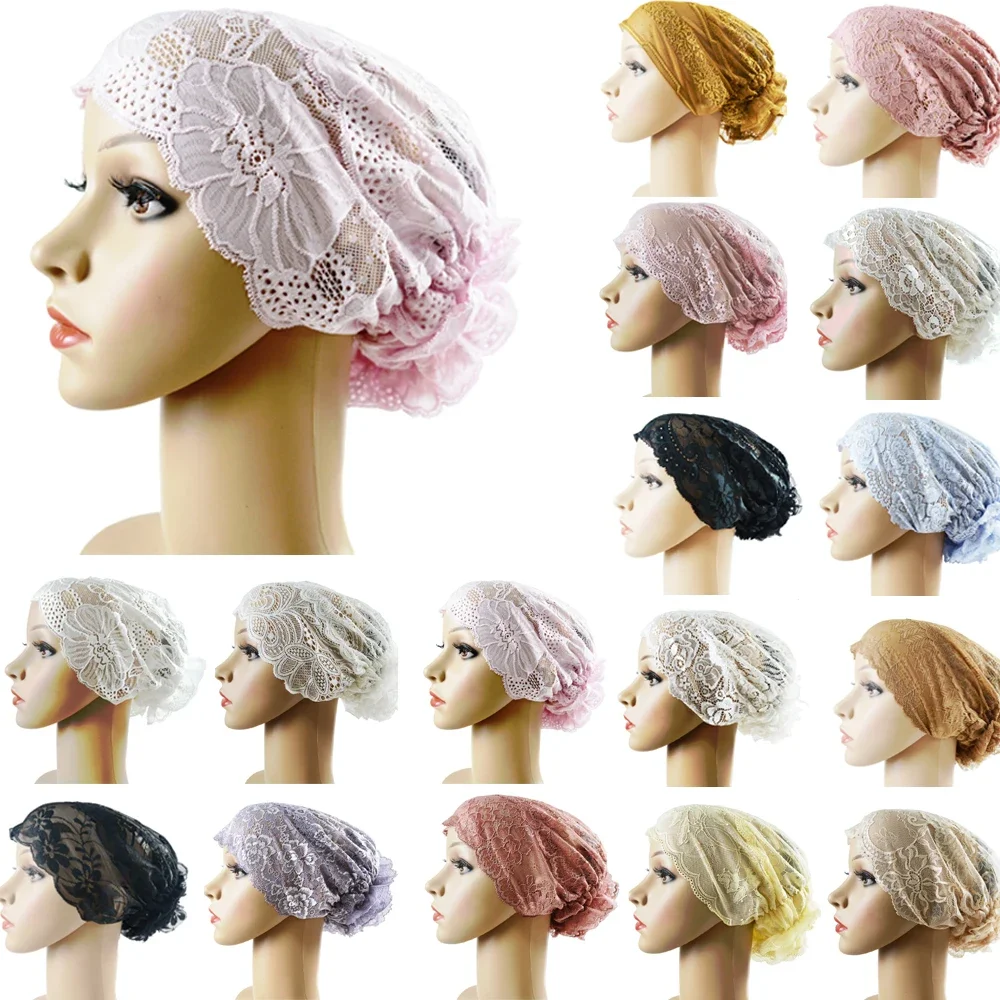 Muslim Lace Inner Hijab Hat Women Flower Beanies Underscarf Islamic Headscarf Bonnet Mesh Hair Loss Scarf Wrap Chemo Cap Ninja