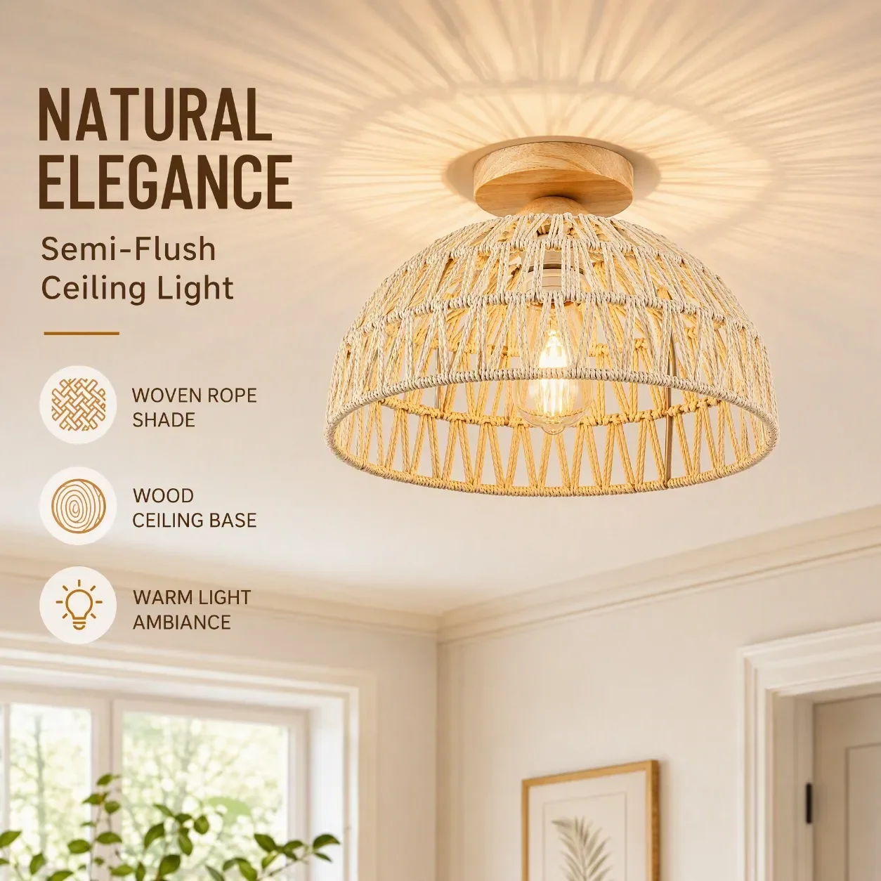 JOYINLED 30CM Rattan Lamp Shade Handwoven Paper Rope Ceiling Light Cover E27 Boho Woven Lampshade for Bedroom Living Room