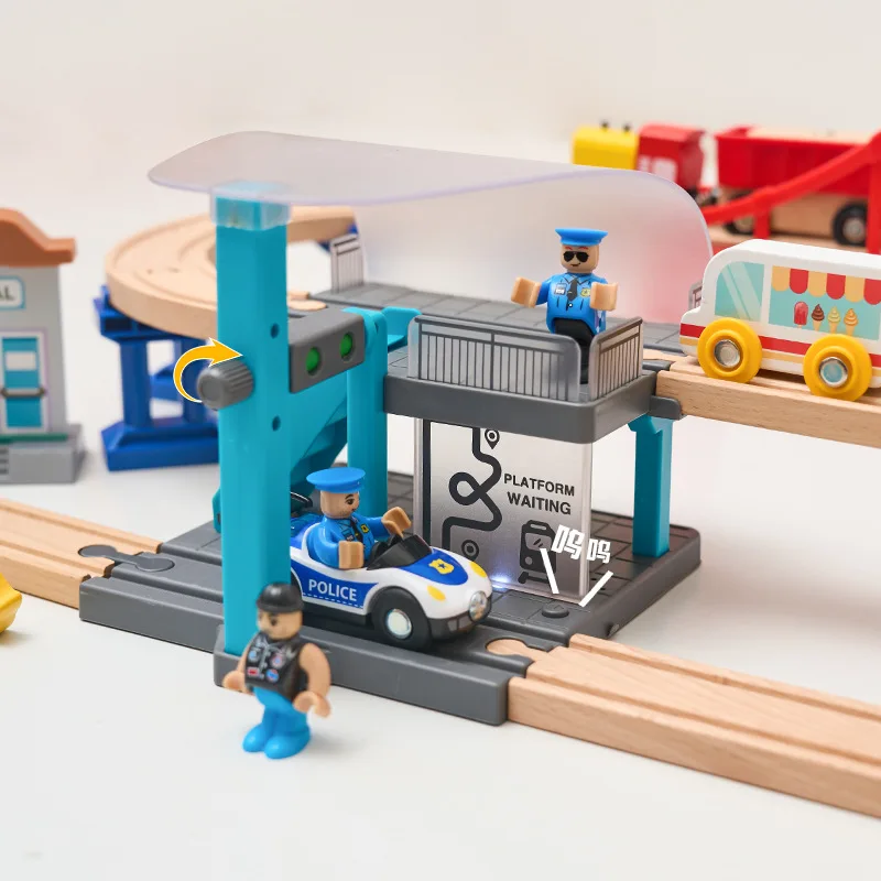 DIY Sound Licht Spielzeug Straßenbahn Station Szene Zubehör Montage Baustein Kompatibel Marke Holz Eisenbahn Zug Gleise