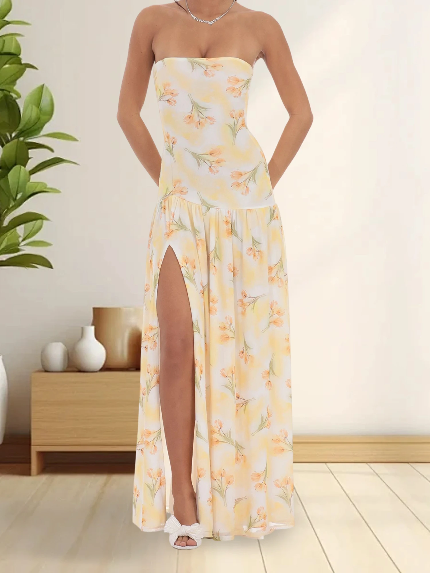 Elegante off-shoulder maxi-jurk met bloemenprint, hoge zijsplit en mouwloos ontwerp voor avondfeest of clubkleding