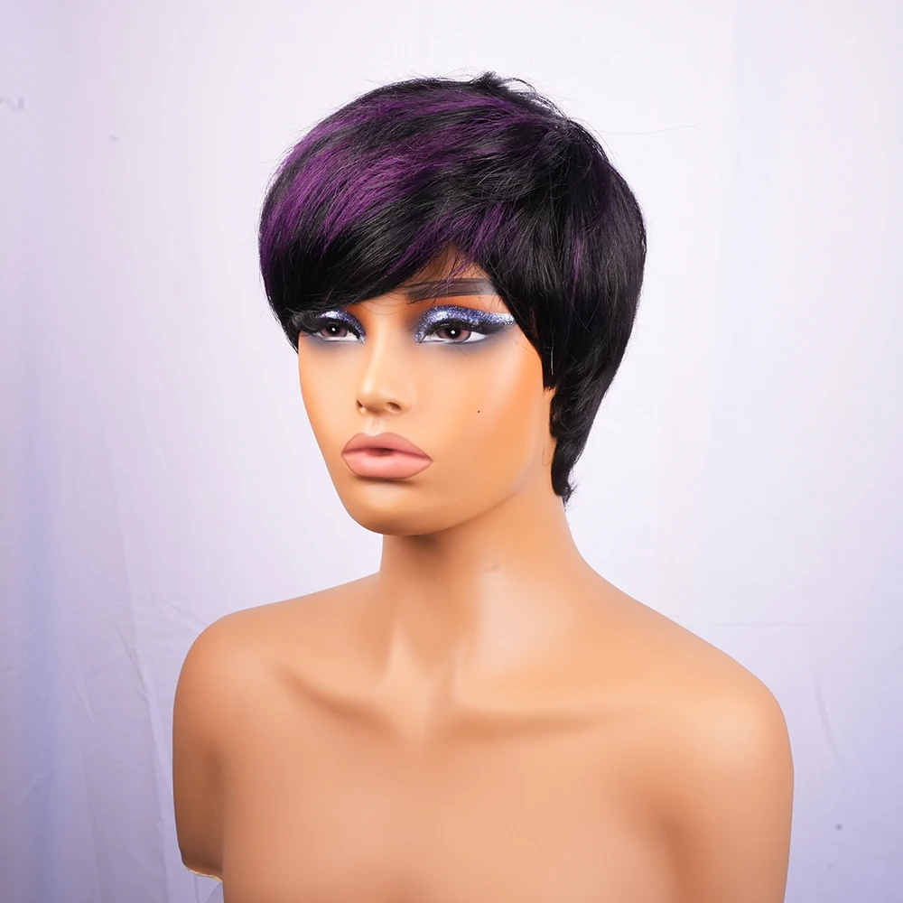 紫色の前髪ピクシーカットウィッグ人毛女性用ショートストレートスタイル紫色の前髪レイヤードウィッグフルマシンメイド完璧