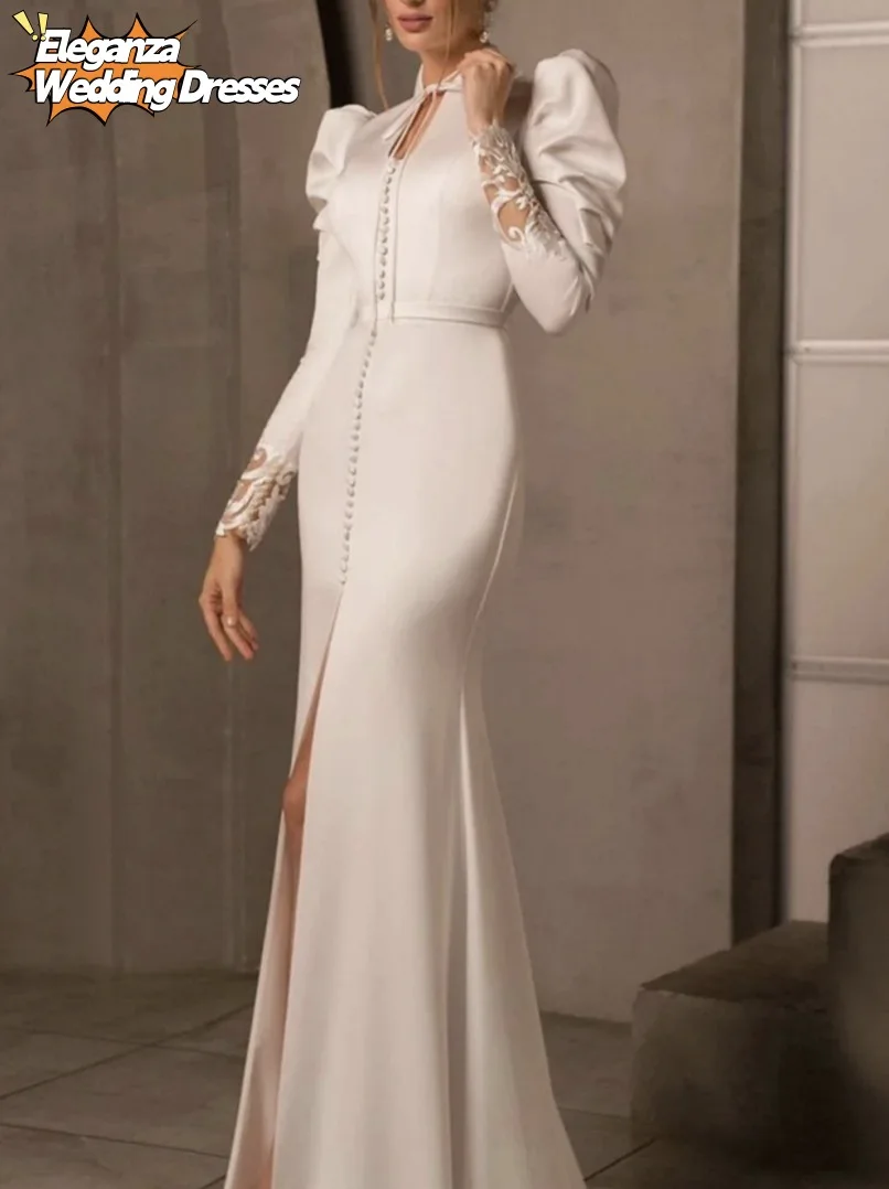 

Красивые свадебные платья по индивидуальному заказу, элегантные свадебные платья, кружевные атласные халаты для официальной вечеринки, с длинными пышными рукавами, Vestidos De Novia