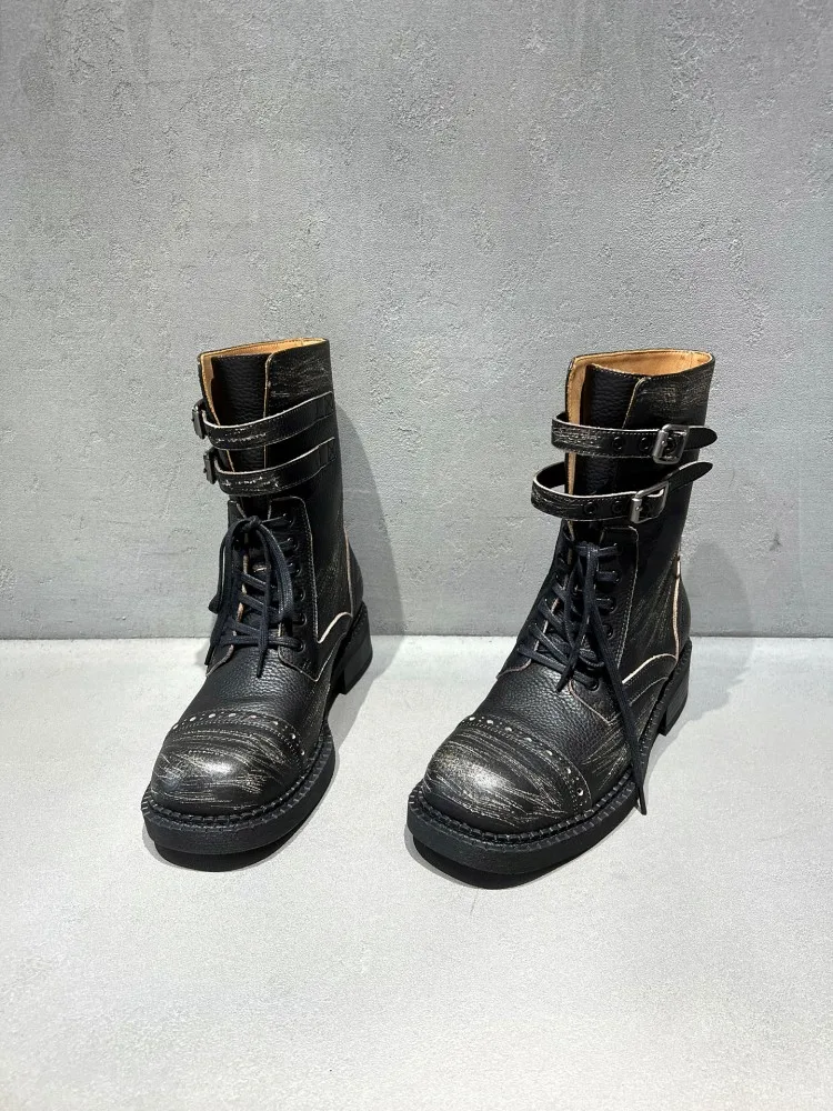 Distressed Women Genuine Leather Motorcycle Boots New Personality Buckle Lace Up Vintage Short Boots High Street Handmade Shoes