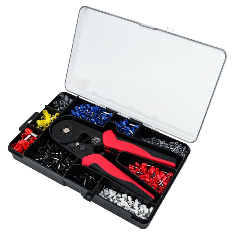 Kit di strumenti per crimpare ghiera 1200PCS Connettori per cavi AWG23-7 Terminali per cavi con estremità tubolare in rame Kit crimpatrice a cricchetto a dente di sega