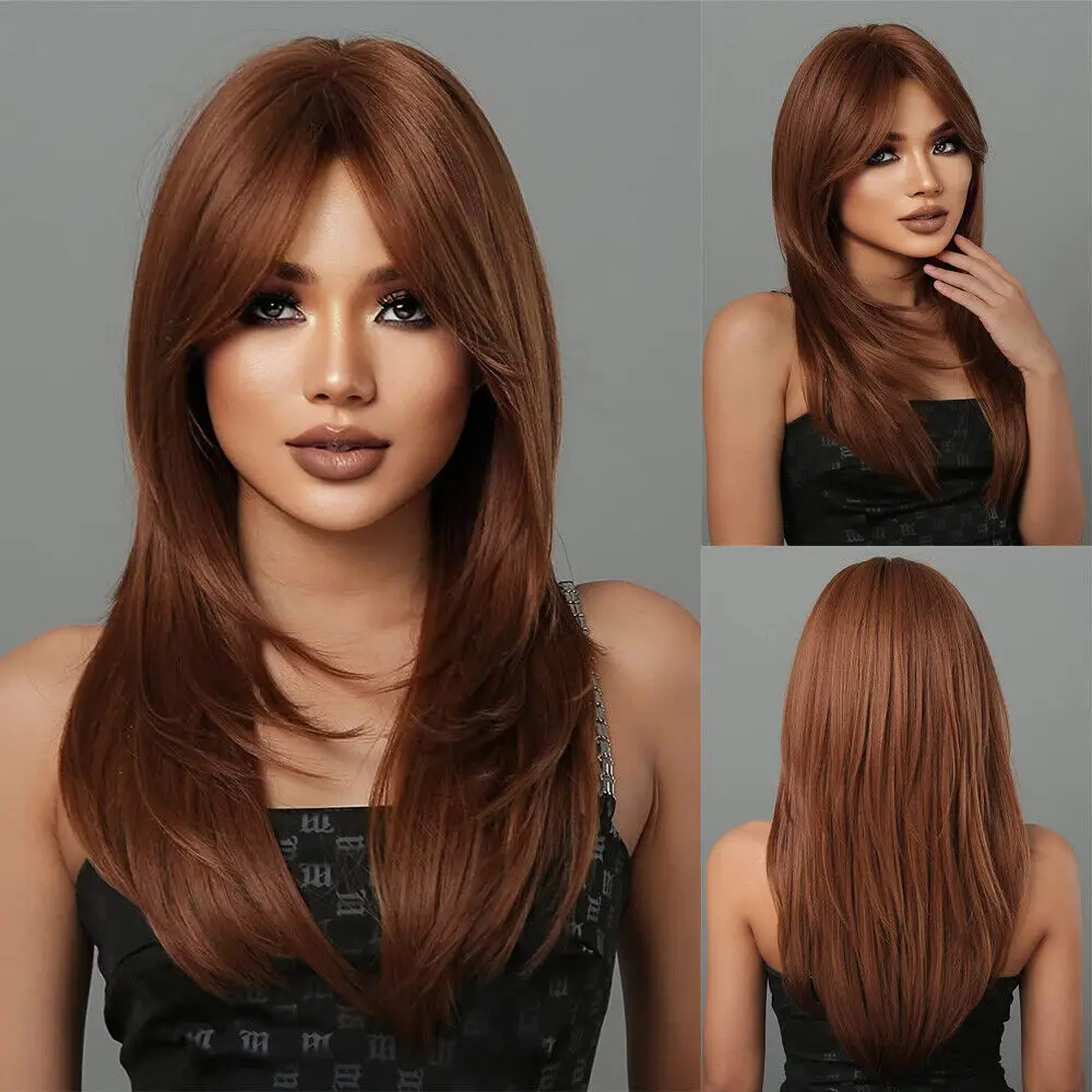 

Long Straight Chocolate Brown Hair Bangs for Women Daily Use Wigs