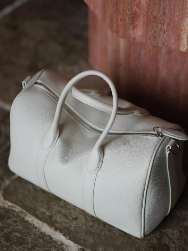 White Fashion Simple Pillow Boston Bag Genuine Leather Women Tote Bag\Handbag Real Leather Lady Shoulder Crossbody Bag Big