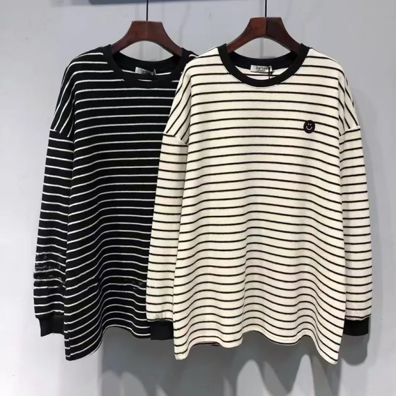 

Spring Korean Striped T-Shirt Base Shirt Long Sleeved Women's Autumn Loose Pullover Tops Sweatshirts Women Clothing Oversized