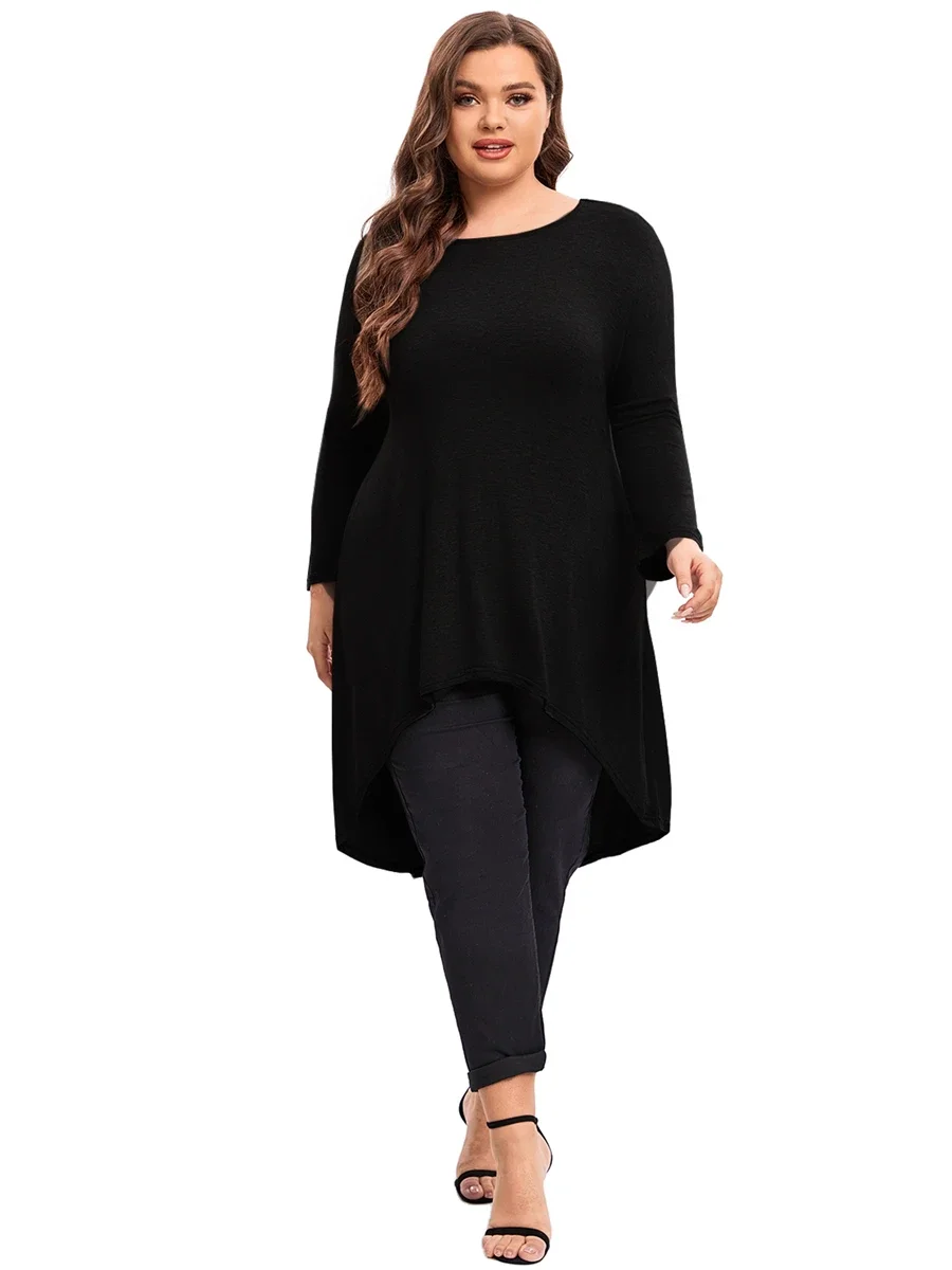 Plus Size Long Sleeve Elegant Spring Autumn Blouse Women Long Hi Low Fit Flare Swing Tops Large Size Loose Tunic 5XL 6XL 7XL 8XL