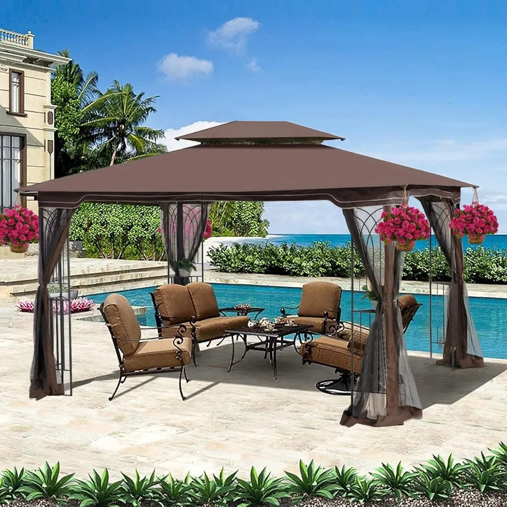 

10x13 Outdoor Patio Gazebo, Heavy Duty Soft Top Gazebo with Shelves and Netting, Waterproof Canopy Gazebo with Galvanized Steel