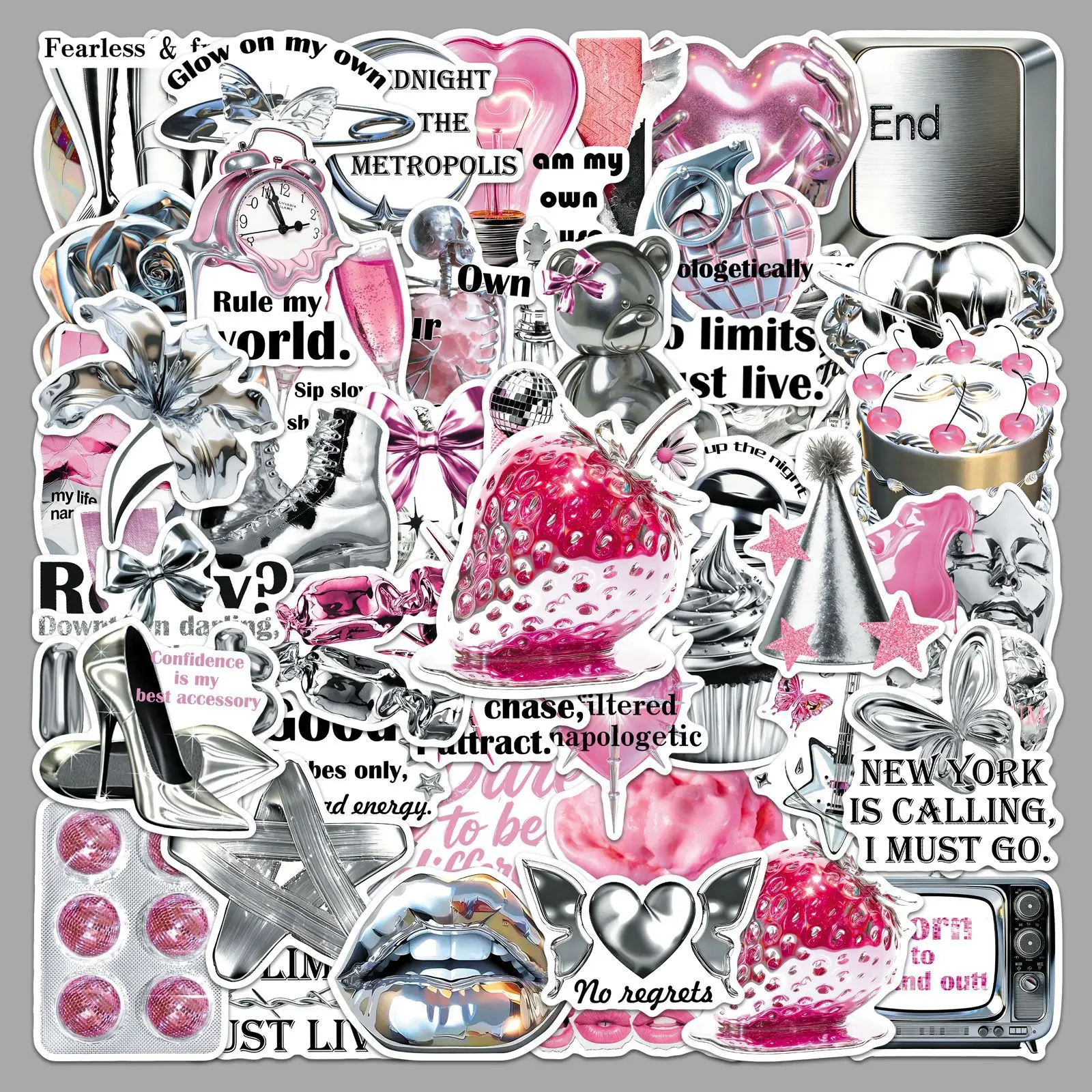 

50PCS Y2K Pink Silver Stickers Disco Ball Y2K Style Material DIY Decorative Water Cup Phone Case Waterproof Stickers Kids Toy