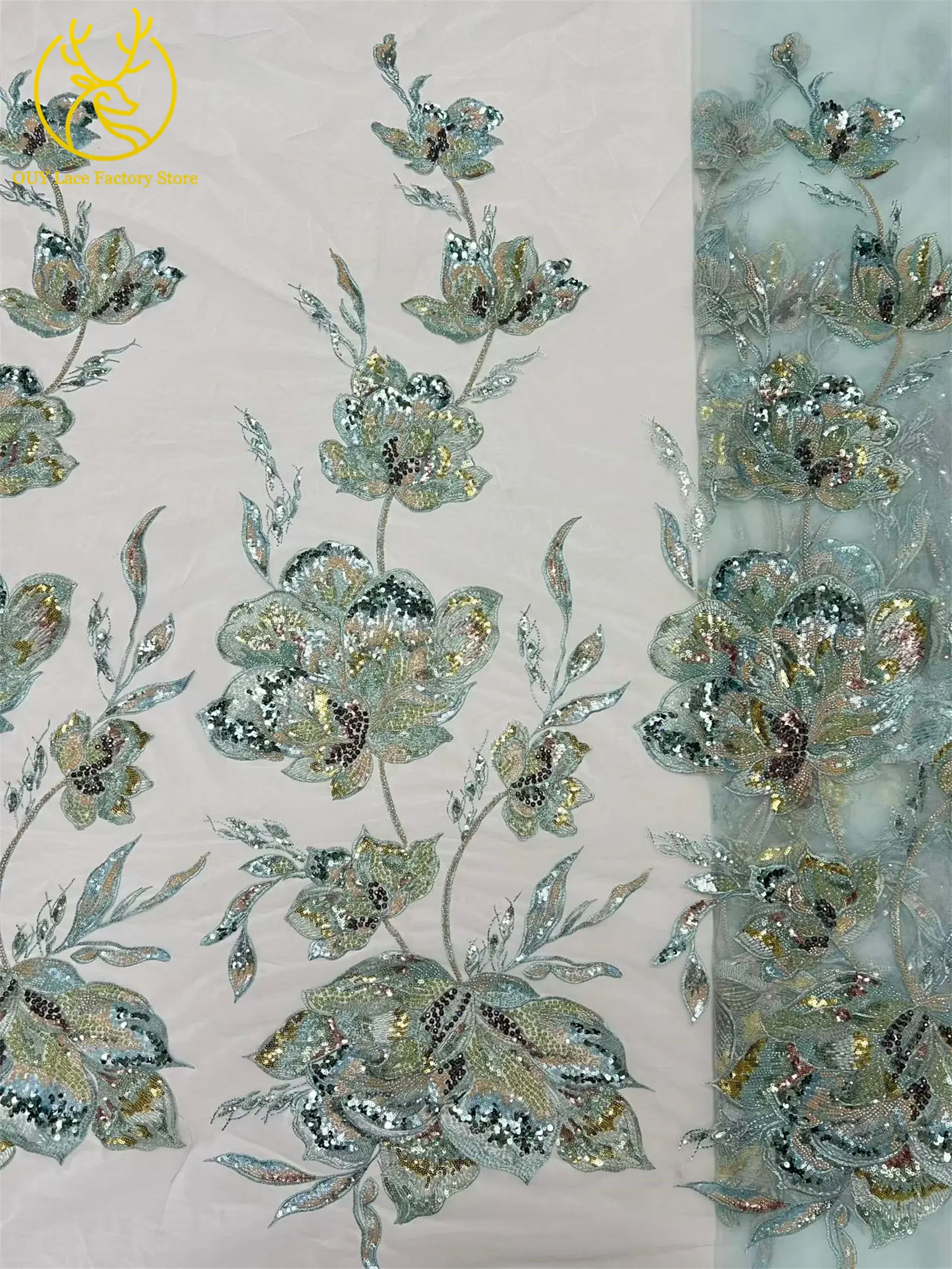 Luxuriöser afrikanischer Brautkleidstoff mit Stickerei, großen Blumen und Perlen, 5 Yards, hochwertiger französischer Pailletten-Spitzenstoff zum Nähen von Kleidern – Detail 13