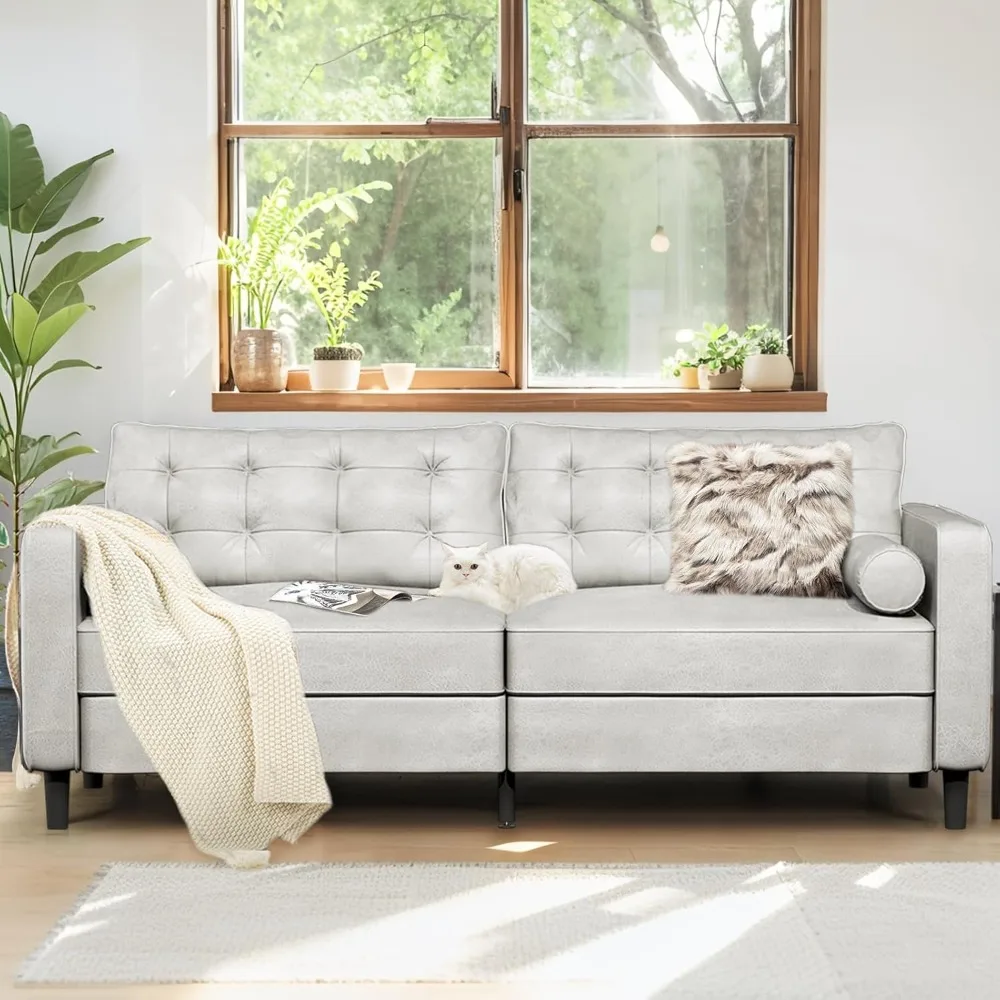 

Faux Leather Sofa, 84.2-Inch Mid Century Modern 3-Seater Couch with 2 Bolster Pillows, Large White Sofa for Living Room, Apartm