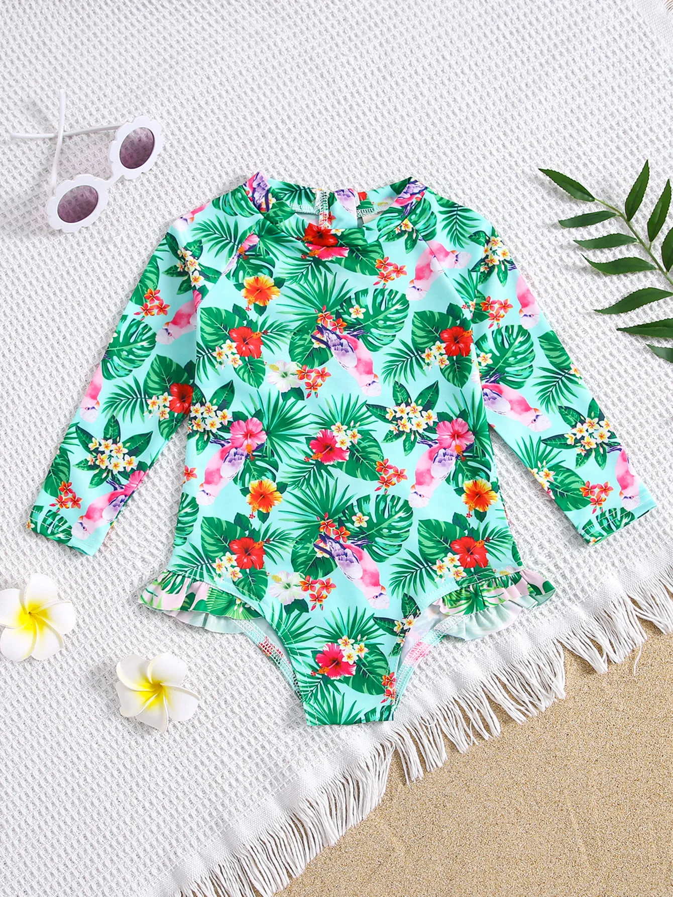 Girl\'s Zip-up Tropical 1-Piece Swimsuit Long Sleeve Swimwear, Pool/Beach Swimming Bathing Suits