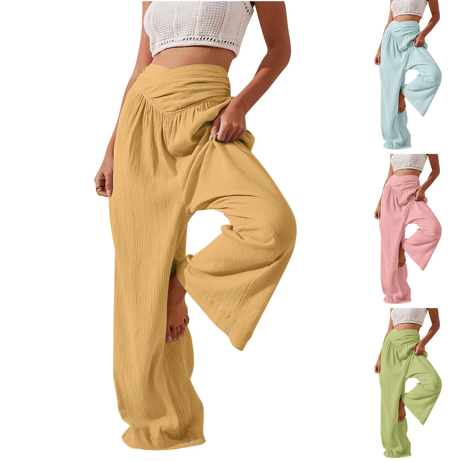 Women'S Wide Leg Pants Cross High Waisted Solid Color Trousers Daily Fitness Yoga Pilates Trousers Lightweight Long Casual Pants