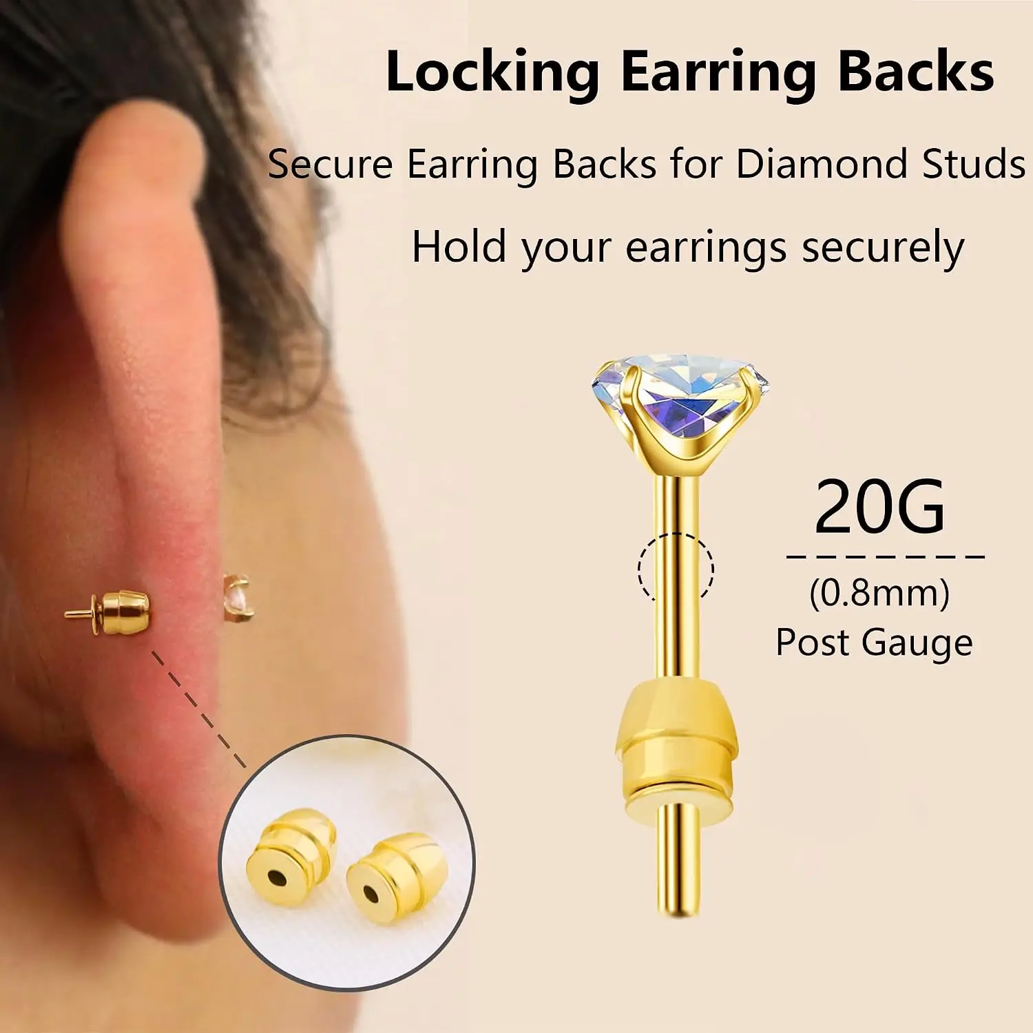 2pcs Hypoallergenic Locking Earring Backs, Secure Stud Backs for 0.6-0.8Mm Posts, Suitable for Droopy Ears, Jewelry Making