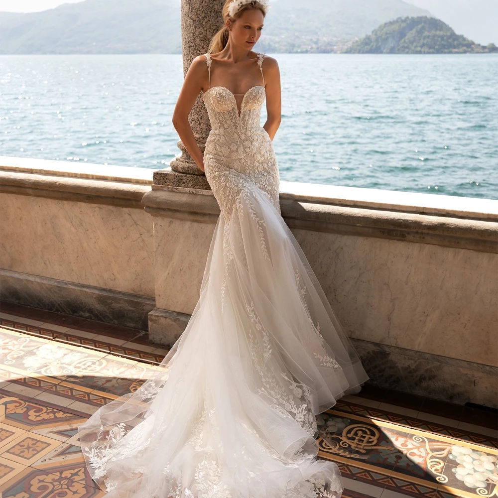 Vestido de novia largo de sirena con Apliques de encaje y lentejuelas, vestido de novia Sexy con cuello en V y hombros descubiertos, vestidos personalizados para novia 2025