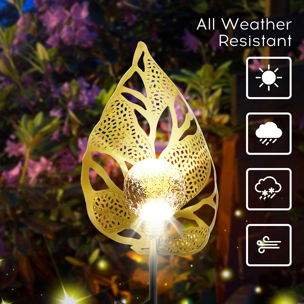 LED Solar Light Hollow Wrought Iron Leaf Lawn Stakes Lamp Waterproof Outdoor Garden Lamp Yard Art for Home Courtyard Decoration