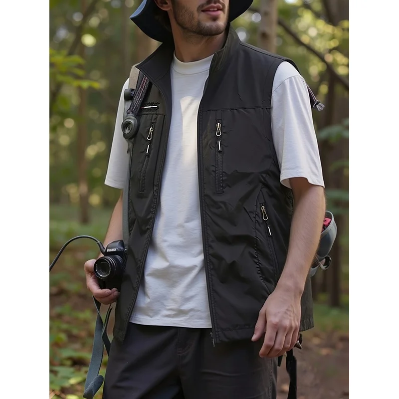 Summer Men's Casual Solid Color Multi Pocket Vest Photography Casual Fishing Vest Men's Outdoor Work Clothes
