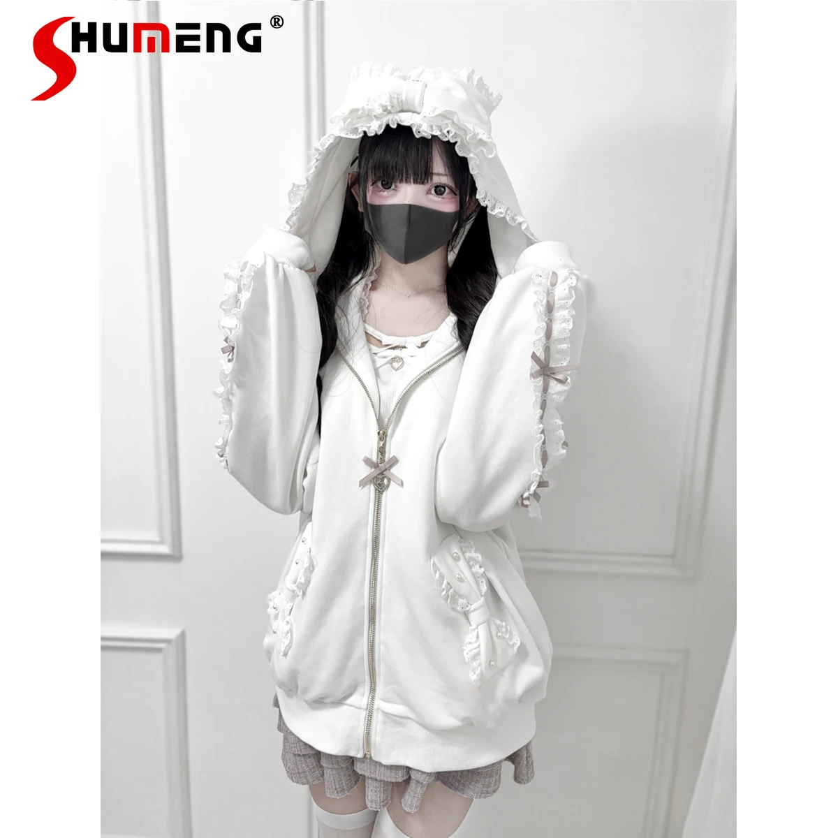 

Original Japanese Mines Style Bow Lace Long Sleeve Heart Zipper Hoodies Loose Sweet Versatile Fleece Sweatshirt Jacket for Women