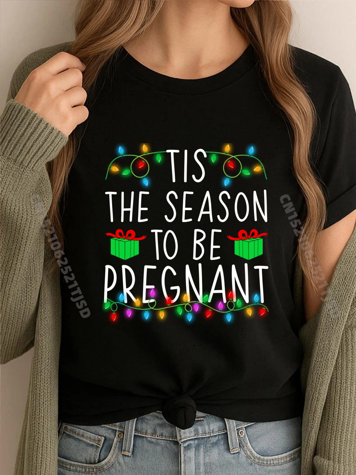 

Tis The Season To Be Pregnant Pregnancy Christmas Black Graphic Tees Men's T-Shirts Washed Tops T Shirt Street