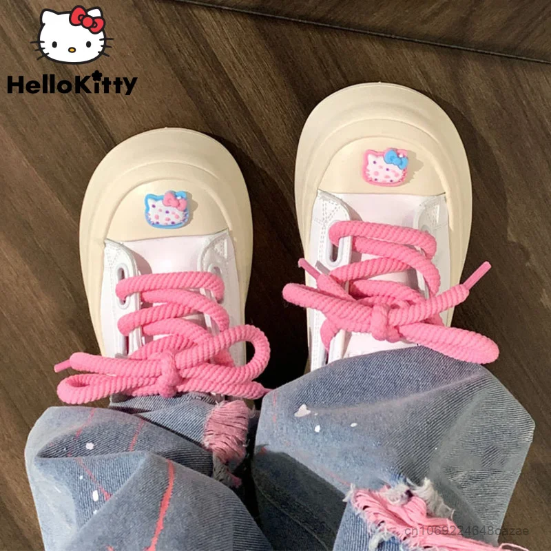 Sanrio Hello Kitty Round Head Soft Shoes Student Pink Shoelace White Shoes Low Top Platform Shoes Y2k Women Luxury Cute Sneakers