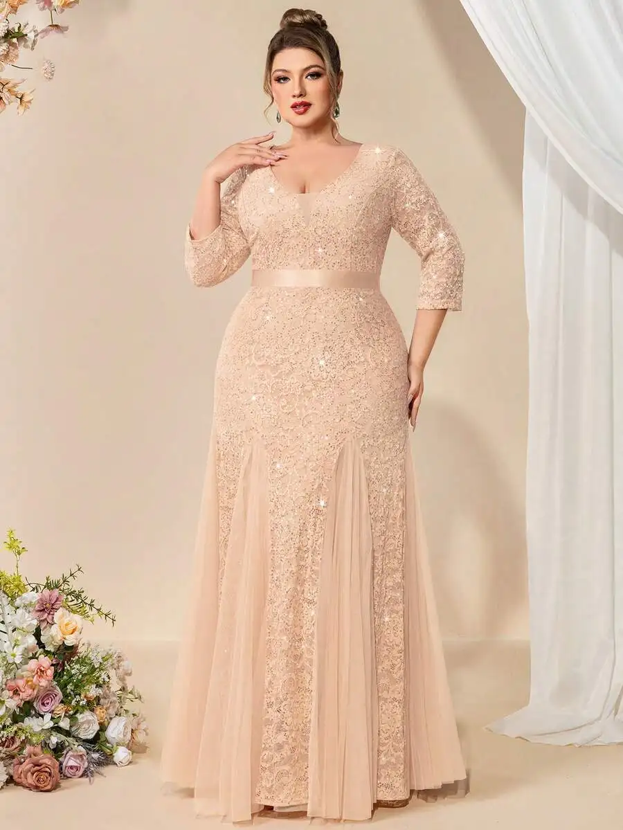 

Plus Size Deep V-Neck Sequin Floral Lace Mesh Mermaid Maxi Dress For Wedding Guest Birthday Homecoming