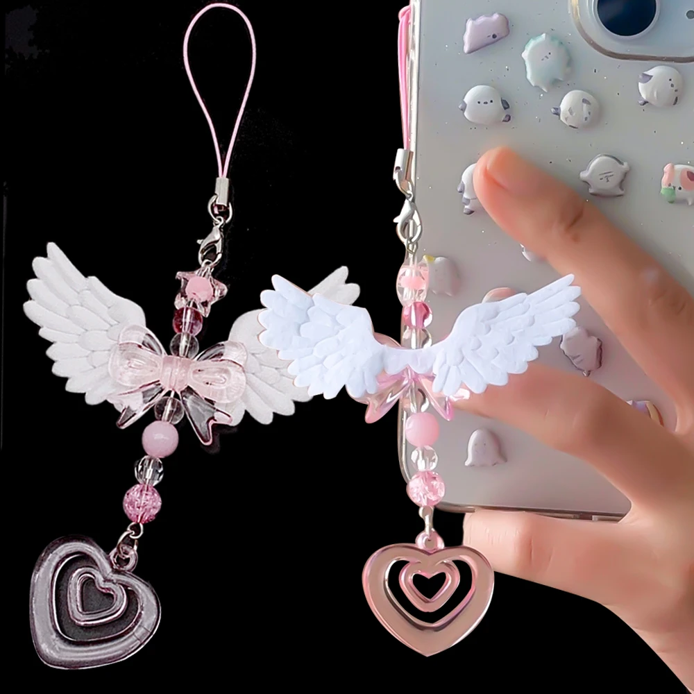 Fashion Sweet Keychains Angel Machine Pendant Lovely Wings Bow Heart Mobile Strap Phone Key Chains Bags Decorative Accessories