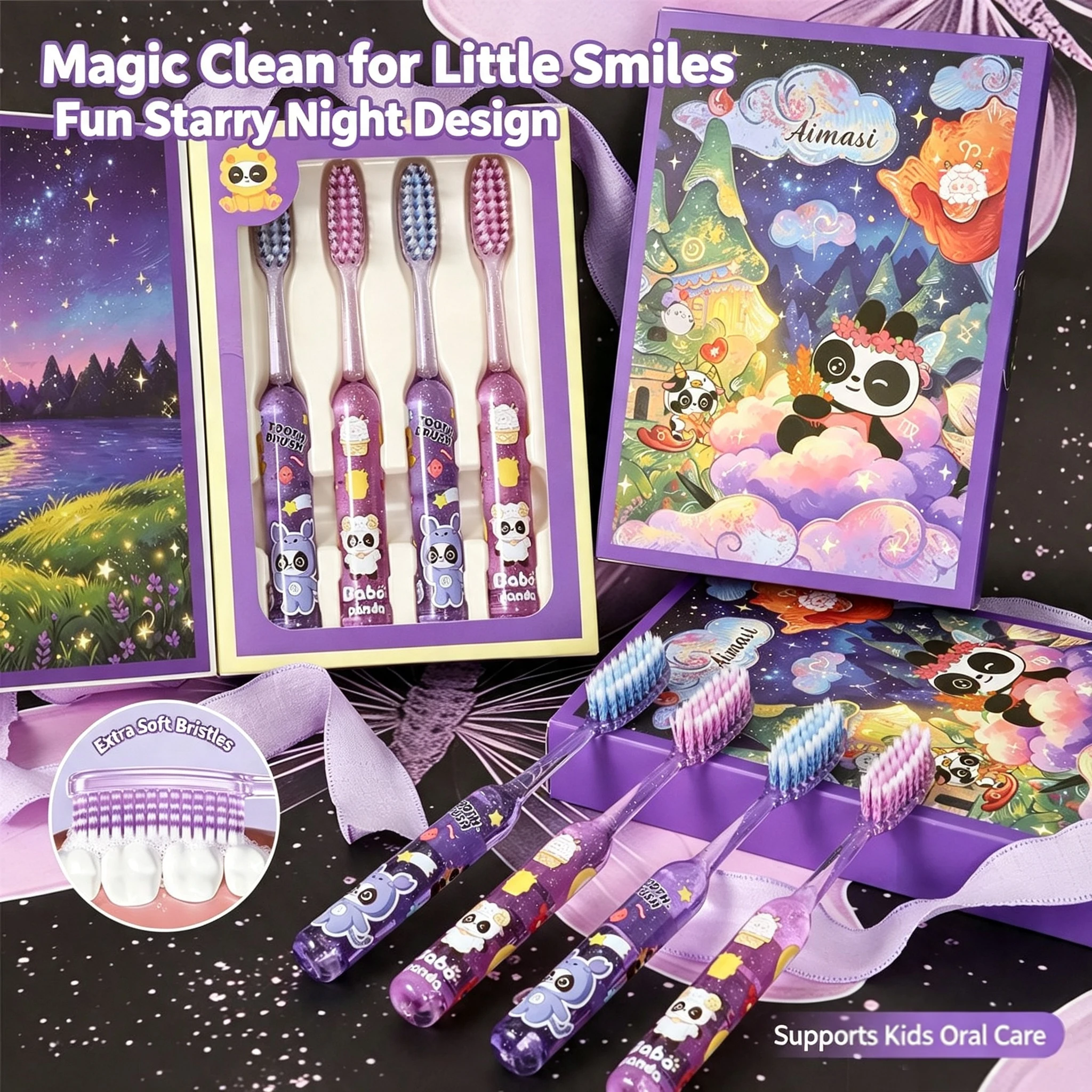 Children's Soft-Bristle Toothbrushes with Large Brush Heads, 4-Pack Gift Box, for Ages 3-6-8, Cartoon Design with Transparent Handle That Looks Like Crystal