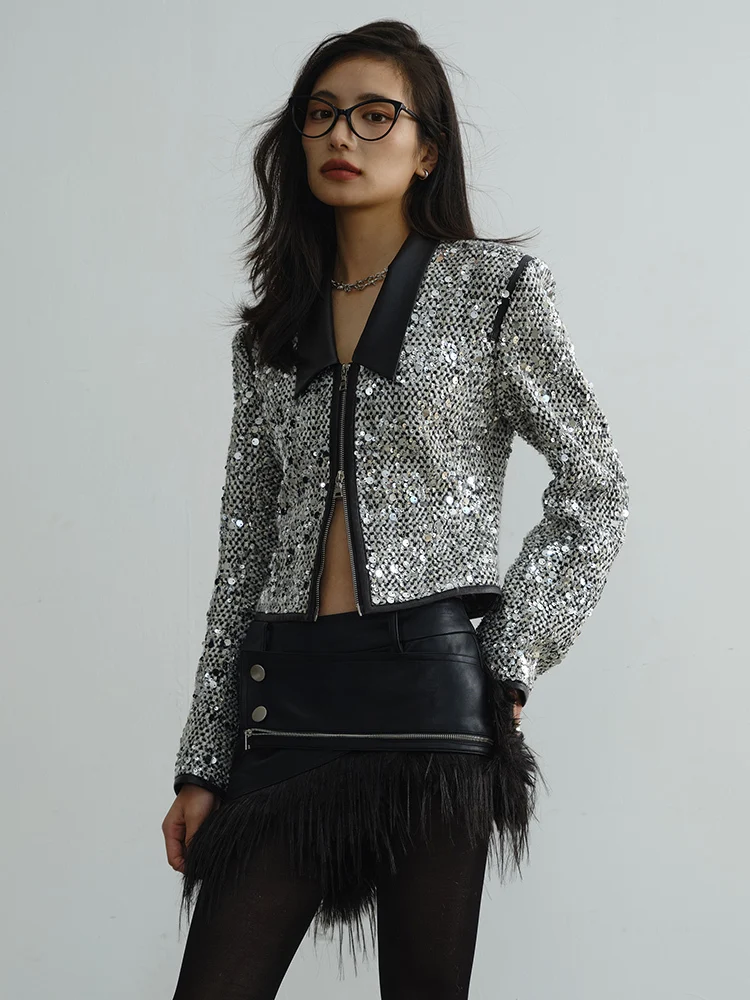 [EAM] White Sequins Shining Leather Short Jacket New Lapel Long Sleeve Women Coat Fashion Tide Spring Autumn 2025 1DH7221