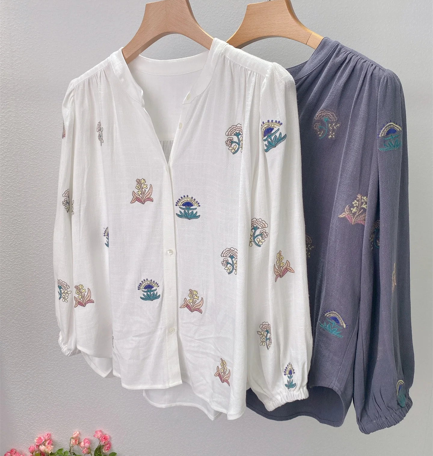 

100%Cotton Shirts 2025 Autumn Style Women Allover Exquisite Embroidery Long Sleeve White Dark Grey Button Shirts Female Blusas