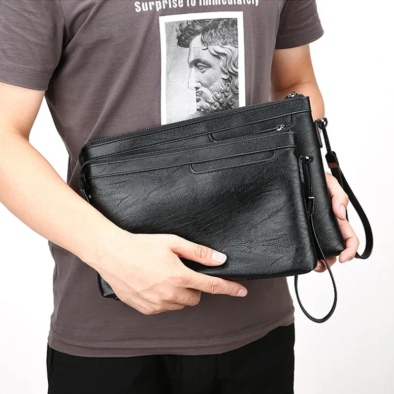 Pochette d'affaires en cuir PU pour hommes, design de marque de mode, sacs d'enveloppe, portefeuille de voyage décontracté, poche pour téléphone portable, haute qualité, notifications