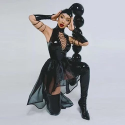 Exaggerated Ball Headwear Singer Dancer Stage Costume Pu Leather Bodysuit Drag Queen Wear Rave Outfit Festival Clothing VDB5902