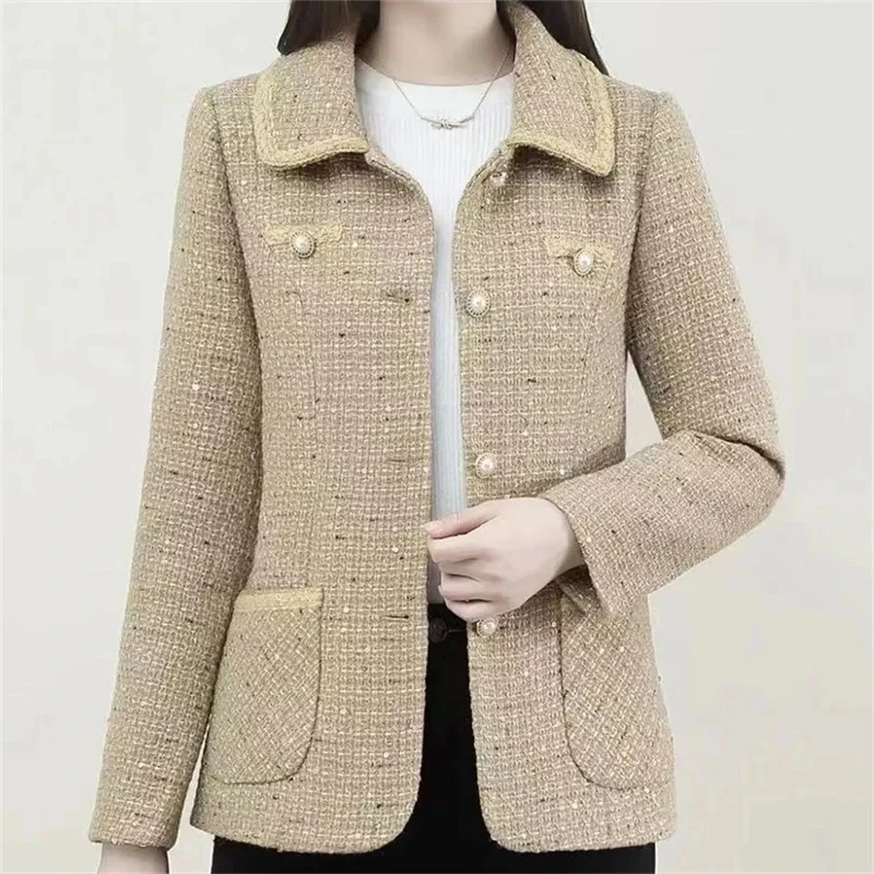 

Spring Autumn Fashion Mom's Small Fragrant Coat Women's Slim Suit Jacket Middle Aged Fashion Blazer Top Wool Jacket Black 6XL