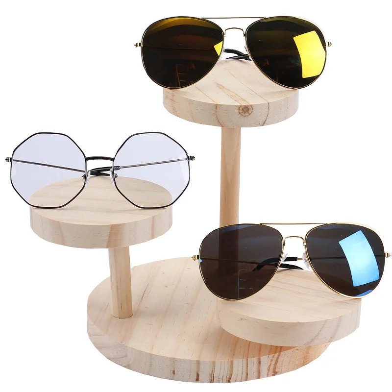 Sunglasses Display Rack Wooden Eyewear Display 3 Platforms Wood Base Holder