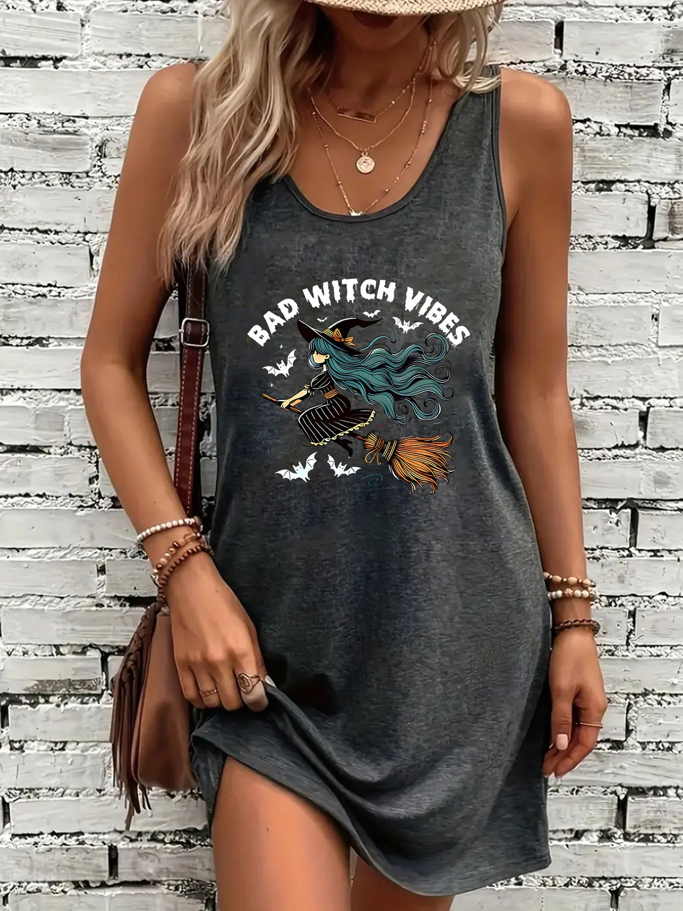 Women's round-neck sleeveless dress, Bad Witch Vibes - blue-haired flying witch bat star print