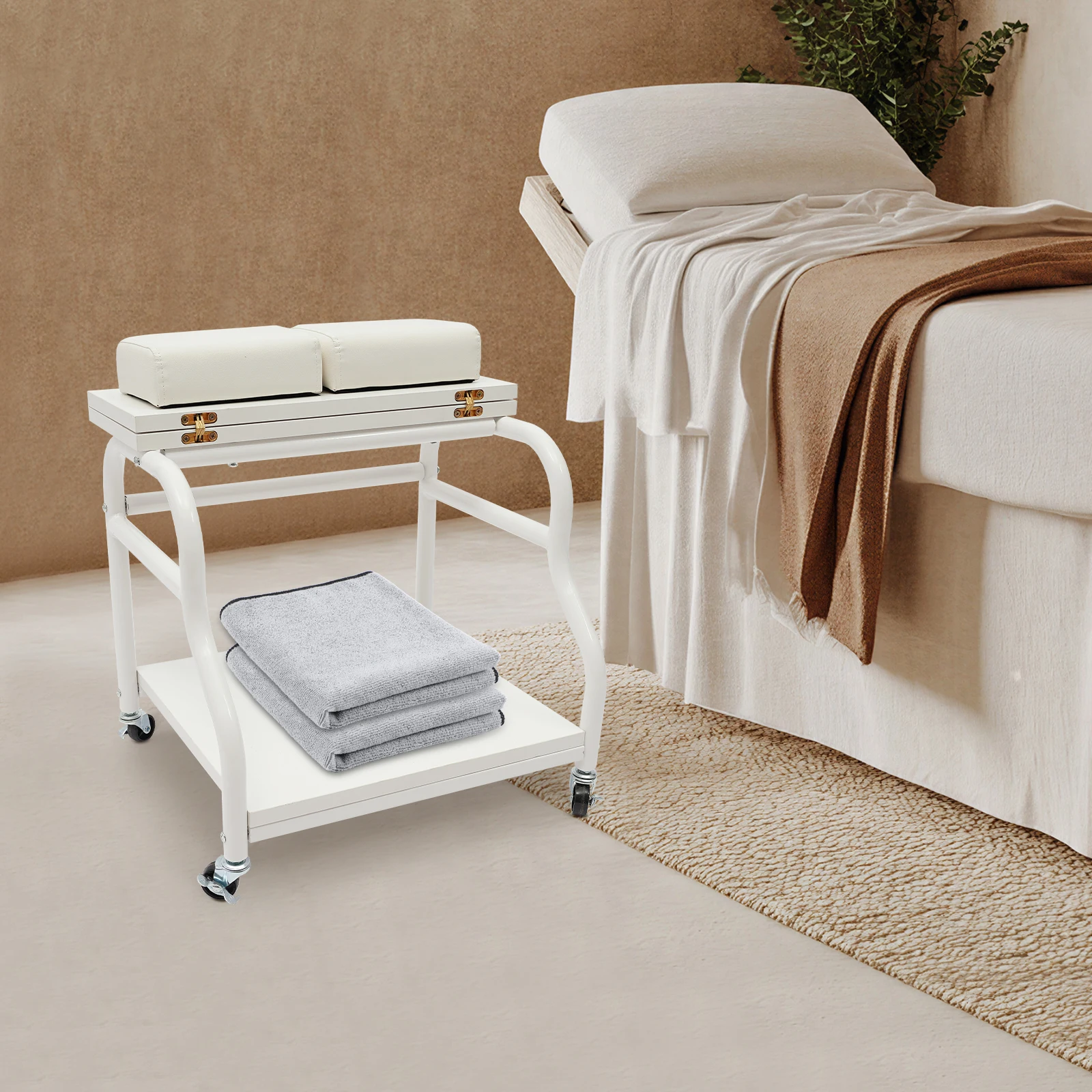 

White Portable Esthetician Trolley Cart Top Foldable Panel, Multifunctional 2-tier Design Trolley Cart with Wheels, Foot Bath Cart