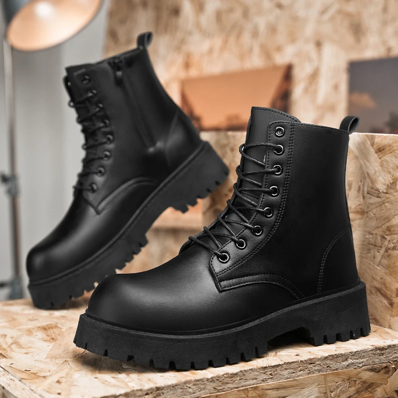 Couple's casual boots four season men's and women's high top leather boots fashion thick soled non slip plus size outdoor boots