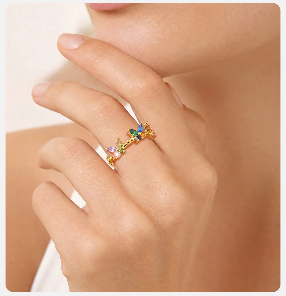 Vnox Elegante Bunte Zirkonia-Schmetterlings-Herz-Öffnungsringe für Frauen, Vergoldet, Stapelbare Glänzende Kristallringe, Partyschmuck – Detail 3