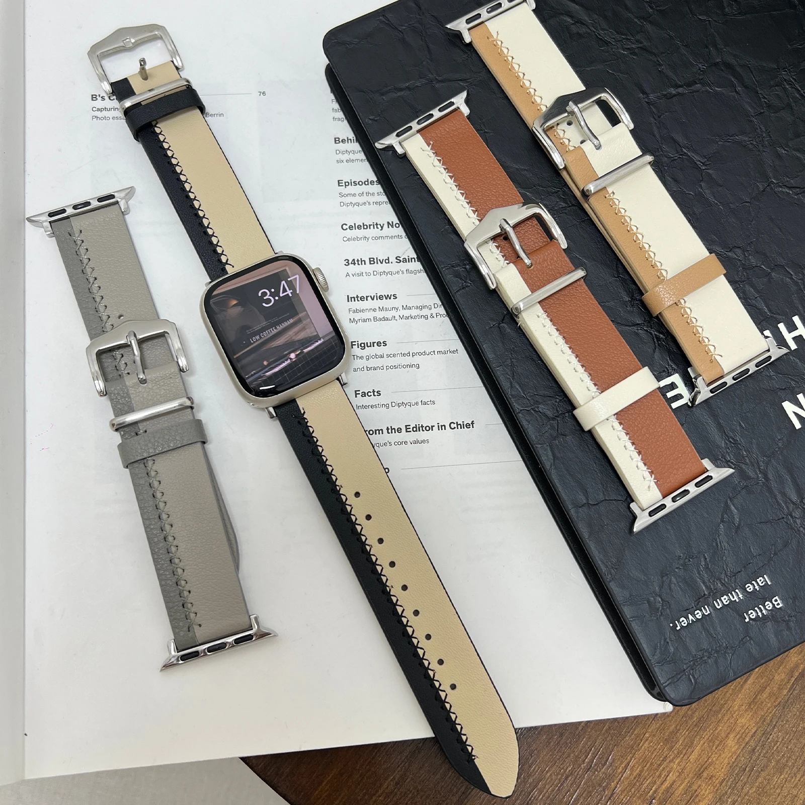 

Leather Strap for Apple Watch Band Line Matching Color Bracelet Chain for Iwatch9876SE Men and Women38 40 41 42 44 45 49mm Wrist